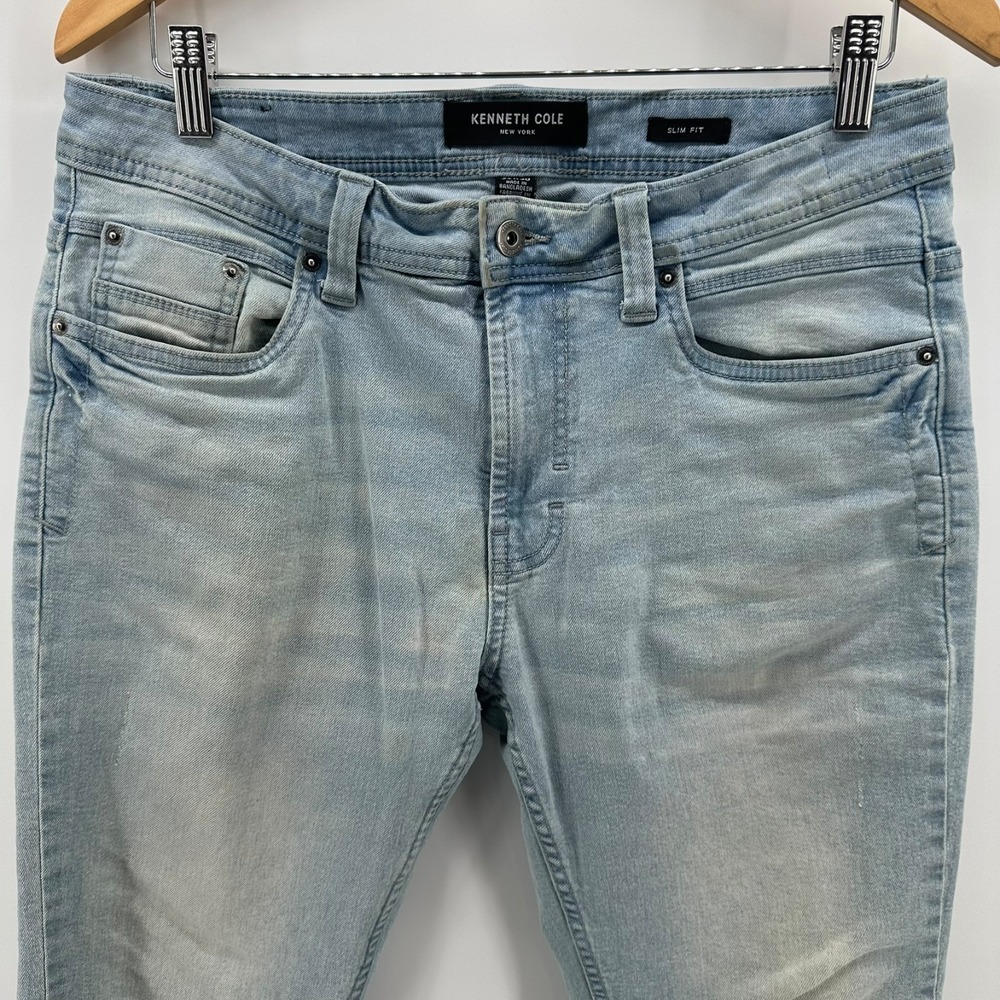 Kenneth Cole Jeans Mens 32x30 Light Blue Denim Slim Fit Mid Rise Stretch Raw Hem